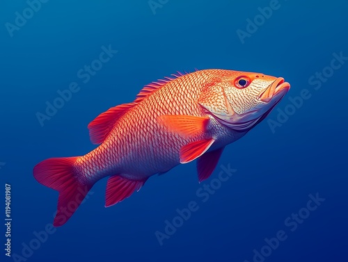 A vibrant red snapper swims gracefully in the deep blue ocean. Its scales shimmer, showcasing the beauty of marine life.