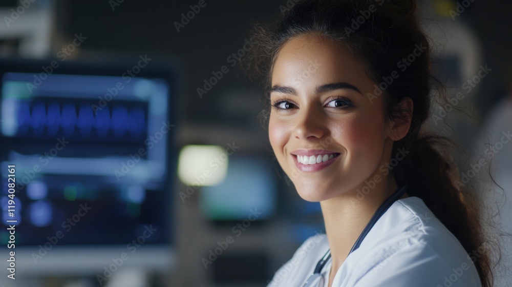 Fototapeta premium Smiling Female Medical Professional in a Hospital Setting, Engaged in Patient Care with Medical Equipment in Background, Radiating Confidence and Compassion