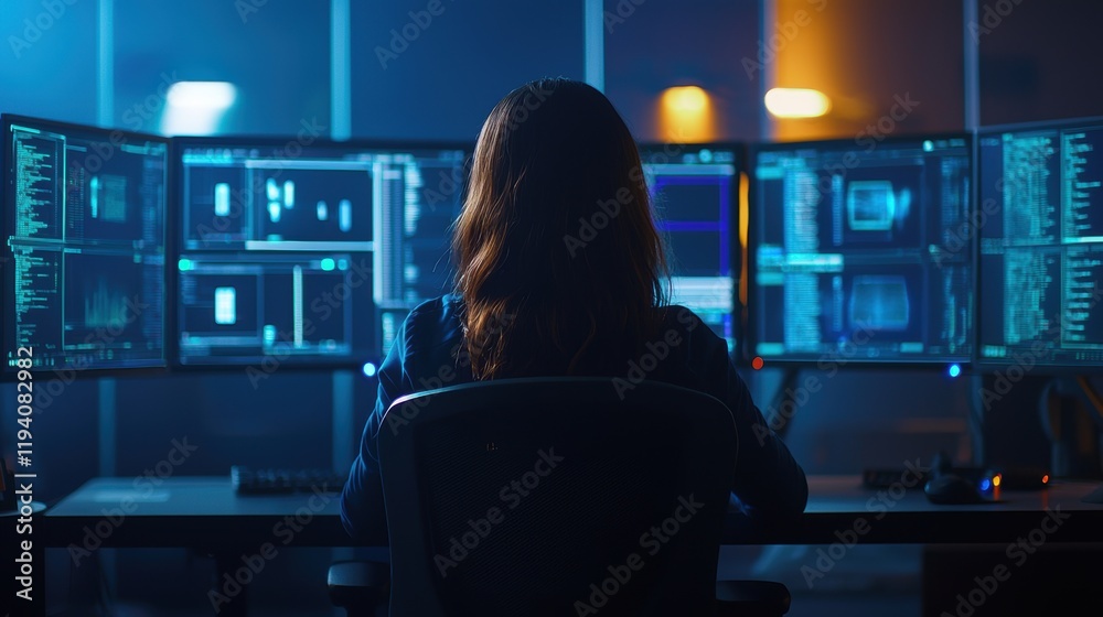 Focused Individual Working in Dark Room with Multiple Computer Screens Focused Individual Working in Dark Room with Multiple Computer Screens