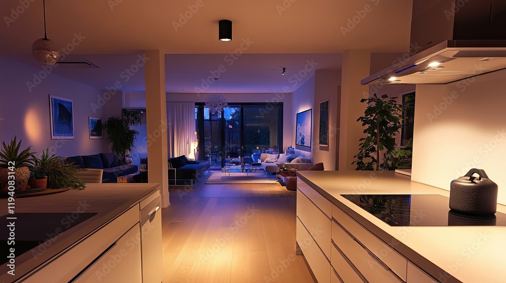 Fototapeta premium A sleek and modern kitchen living room with smart home technology and integrated lighting.