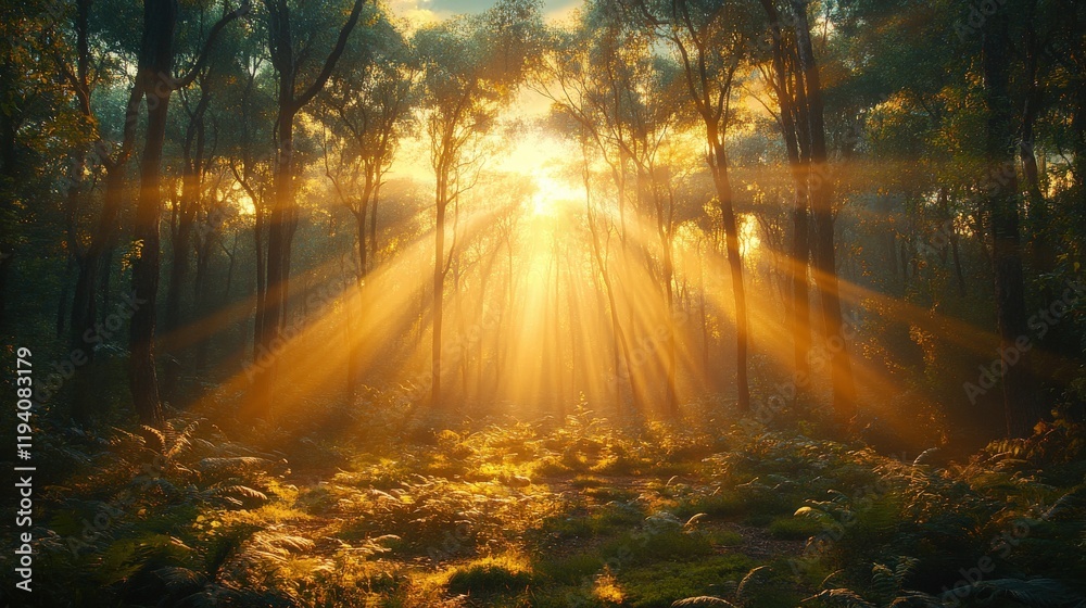 Naklejka premium Majestic Sunlight Breaking Through a Dense Forest Canopy Creating a Mystical Atmosphere with Golden Rays Illuminating Vibrant Greenery and Ferns in Nature
