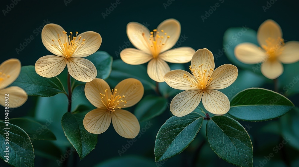 Fototapeta premium Yellow flowers with green leaves on dark backdrop.