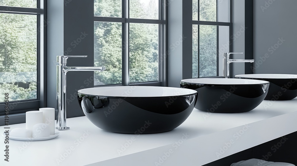 Fototapeta premium A stylish bathroom sink counter with black-and-white accents and modern lighting.