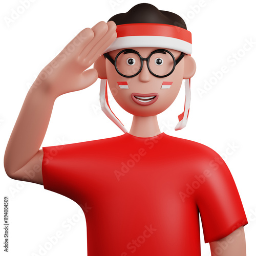 3D Human Wearing Indonesian Flag Headband with Respectful Gesture