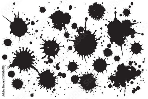 Abstract collection of black ink splatters and drops on a white background, perfect for artistic projects, design textures, or overlays