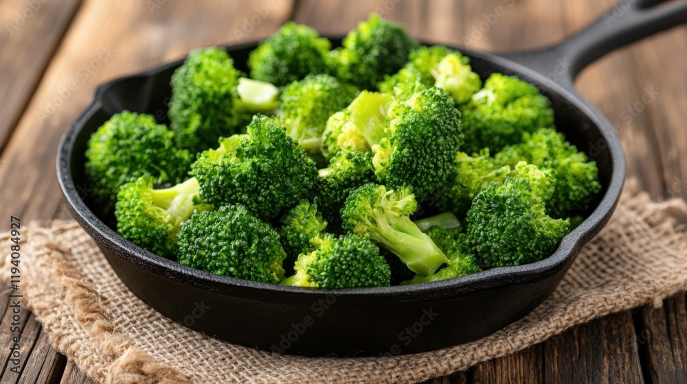 Freshly Cooked Broccoli in Cast Iron Skillet on Rustic Wooden Table, Perfect for Healthy Meals Freshly Cooked Broccoli in Cast Iron Skillet on Rustic Wooden Table, Perfect for Healthy Meals