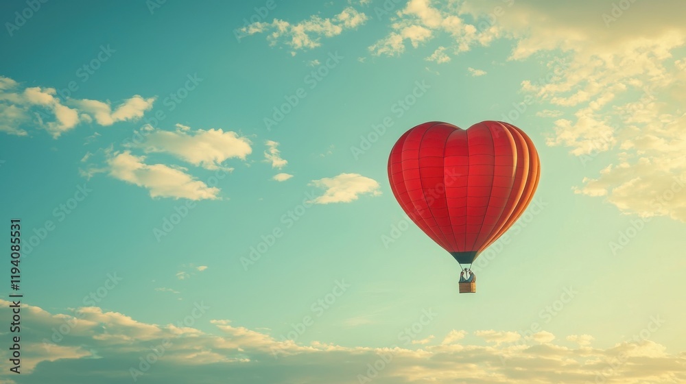 Fototapeta premium A vibrant red heart-shaped hot air balloon floats gracefully against a blue sky, symbolizing love and adventure in travel experiences.