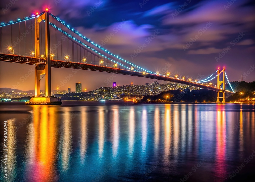Fototapeta premium Istanbul's 15th July Martyrs Bridge at Night - Illuminated Suspension Bridge over the Bosphorus Strait