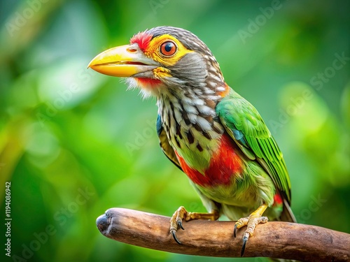 Lineated Barbet Bird Eating Banana on Branch - Asian Barbets Portrait Photography photo