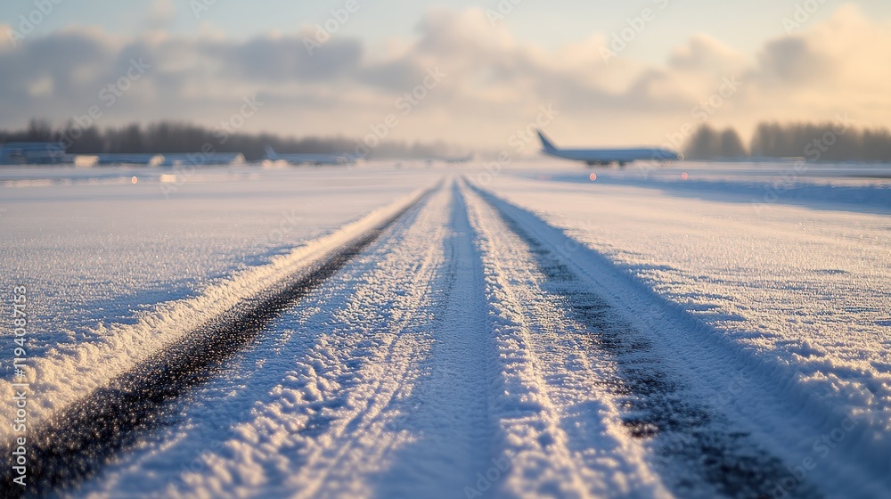 Snow-covered runway with faint tire tracks, soft sunlight casting long shadows, distant planes blurred, shallow focus. Winter serenity in motion. Snow-covered runway with faint tire tracks, soft sunlight casting long shadows, distant planes blurred, shallow focus. Winter serenity in motion.
