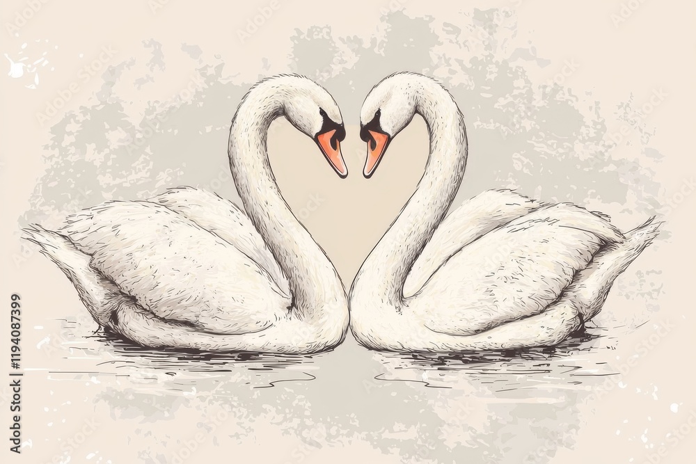Fototapeta premium Two elegant swans form a heart shape with their necks in a serene lake, symbolizing love and beauty in nature's tranquil setting.