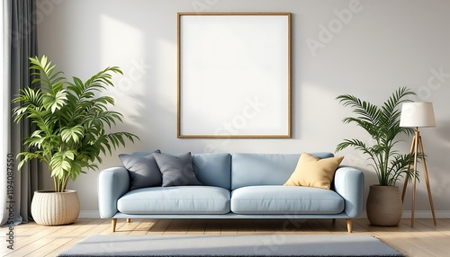 Modern light blue sofa in living room with plants and blank frame. Home decor mockup photo