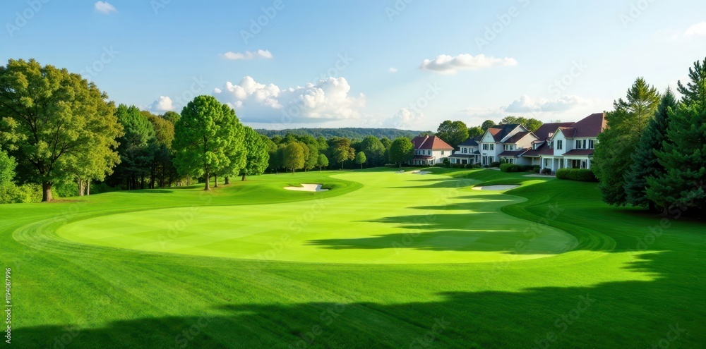 Fototapeta premium Golf course surrounded by lush greenery and residential homes, golf course, suburban homes, eastlake