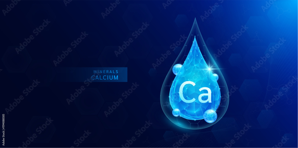 Fototapeta premium Water drop calcium minerals with blue polygon atom around. Vitamins complex for health protect and build immunity healthy. Medical scientific concepts. Banner vector illustration.