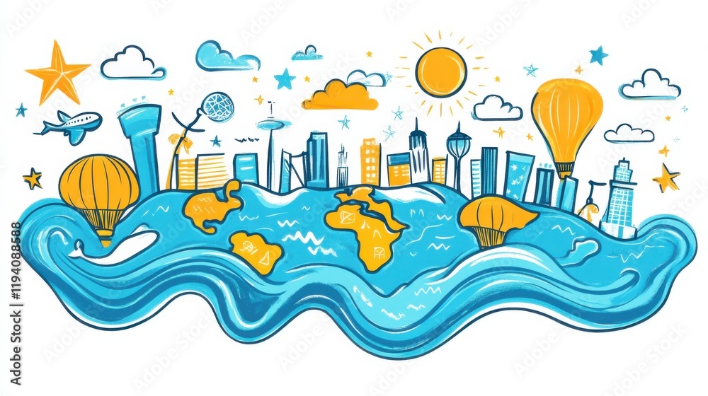 Naklejka premium Colorful and Creative Skyline Illustration with Hot Air Balloons, Airplane, Clouds, and Ocean Waves, Capturing a Whimsical View of a Coastal Cityscape