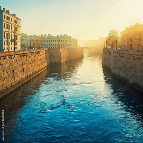 Sunlit River Canal with Historic Architecture photo