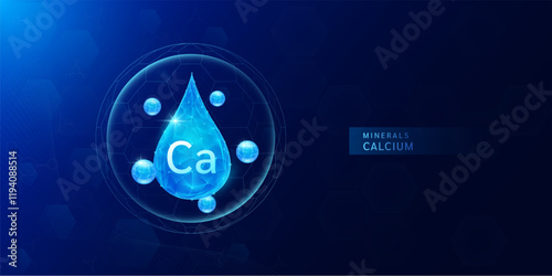 Calcium minerals drop in dome with blue atom around. Vitamins complex for health protect and build immunity healthy. Medical scientific concepts. Banner vector illustration.