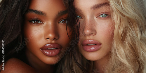 A close up shot of two beautiful models with glossy lips, generative AI photo