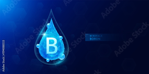Water drop boron minerals with blue polygon atom around. Vitamins complex for health protect and build immunity healthy. Medical scientific concepts. Banner vector illustration.