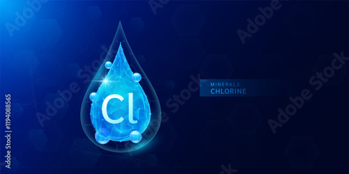 Water drop chlorine minerals with blue polygon atom around. Vitamins complex for health protect and build immunity healthy. Medical scientific concepts. Banner vector illustration.