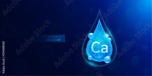 Water drop calcium minerals with blue polygon atom around. Vitamins complex for health protect and build immunity healthy. Medical scientific concepts. Banner vector illustration.