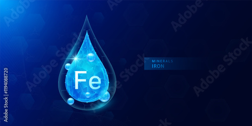 Water drop iron minerals with blue polygon atom around. Vitamins complex for health protect and build immunity healthy. Medical scientific concepts. Banner vector illustration.