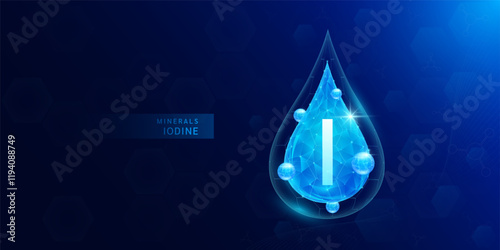 Water drop iodine minerals with blue polygon atom around. Vitamins complex for health protect and build immunity healthy. Medical scientific concepts. Banner vector illustration.