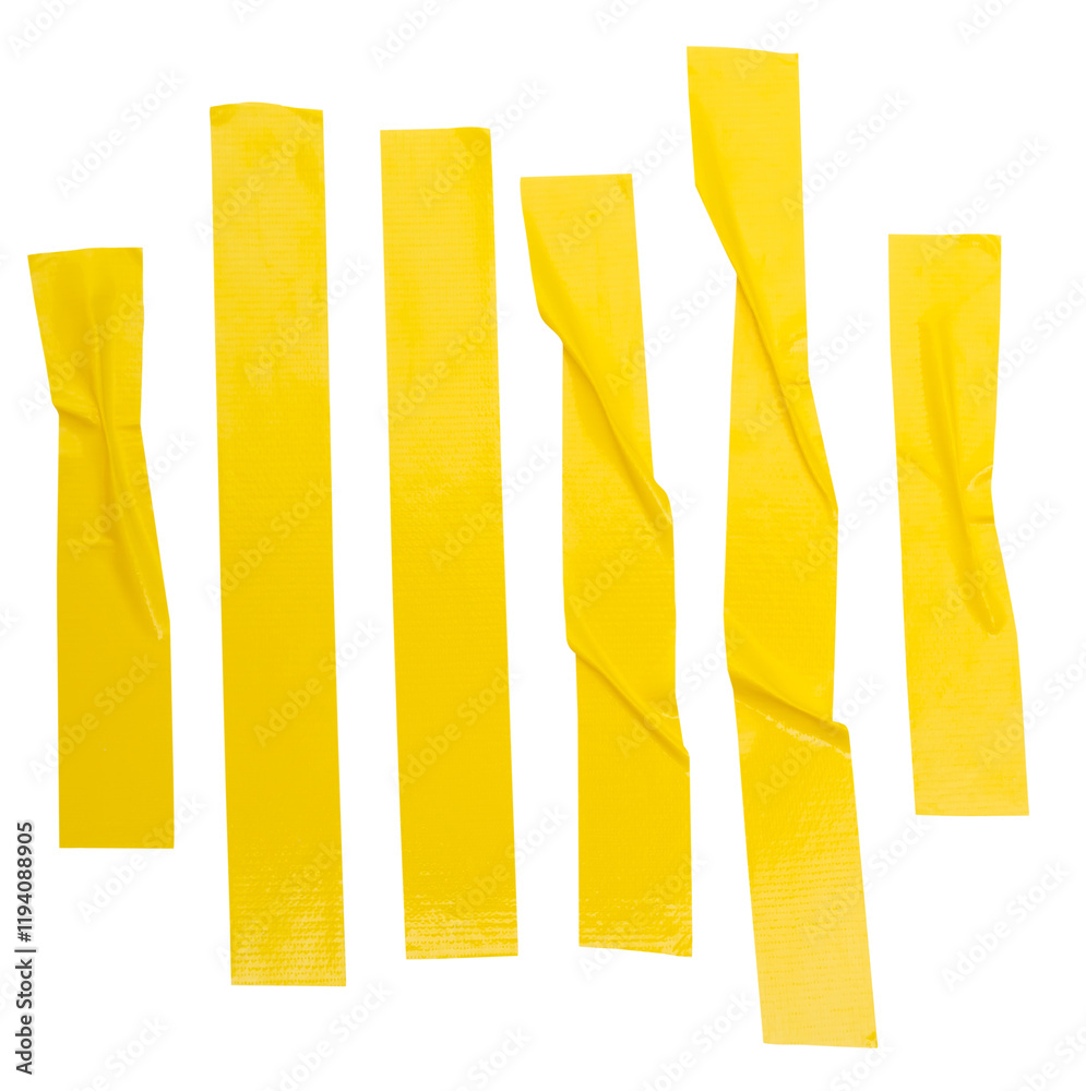 Top view set of wrinkled or crumpled yellow adhesive vinyl tape or cloth tape in stripes shape in vertical isolated on white background with clipping path Top view set of wrinkled or crumpled yellow adhesive vinyl tape or cloth tape in stripes shape in vertical isolated on white background with clipping path