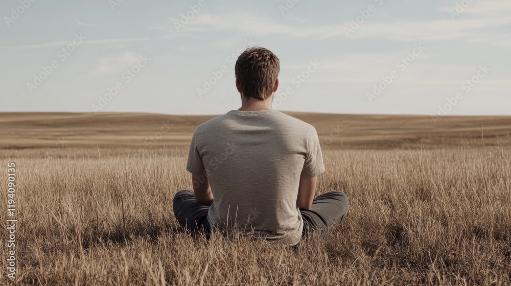 Man meditating in a vast, golden field, enjoying serenity and peace. Man meditating in a vast, golden field, enjoying serenity and peace.