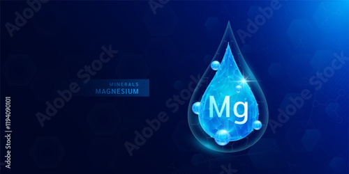 Water drop magnesium minerals with blue polygon atom around. Vitamins complex for health protect and build immunity healthy. Medical scientific concepts. Banner vector illustration.