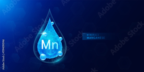Water drop manganese minerals with blue polygon atom around. Vitamins complex for health protect and build immunity healthy. Medical scientific concepts. Banner vector illustration.