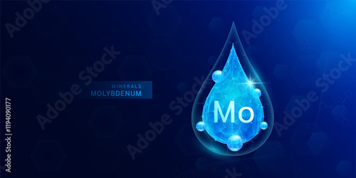 Water drop molybdenum minerals with blue polygon atom around. Vitamins complex for health protect and build immunity healthy. Medical scientific concepts. Banner vector illustration.