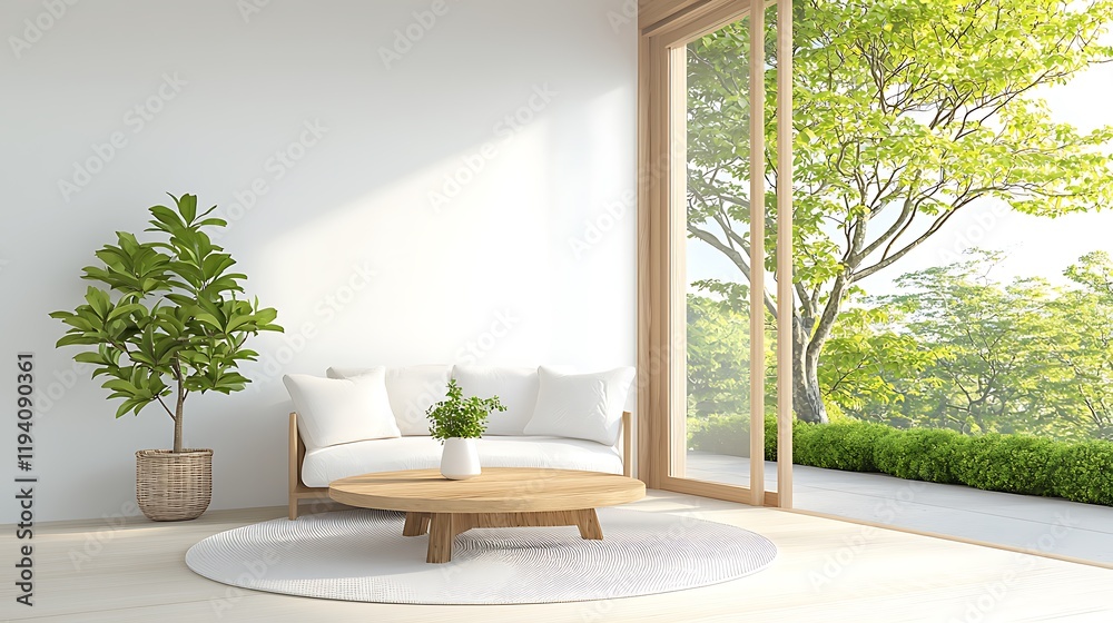 Fototapeta premium Relaxing living room with views of lush nature modern home interior design bright atmosphere