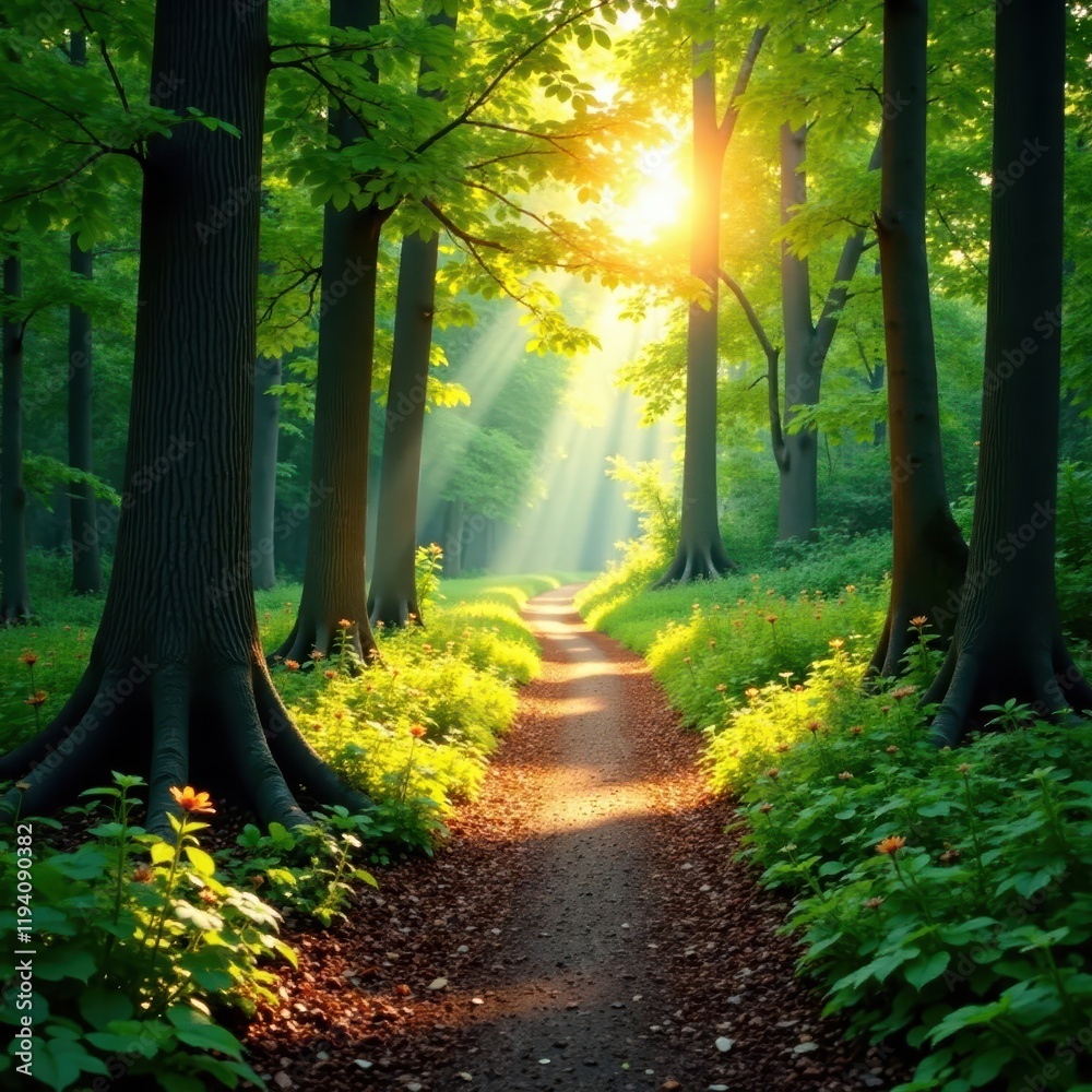Obraz premium Forest Path with Sunlight Filtering through Trees, trees, sunlight filtering, tree canopy