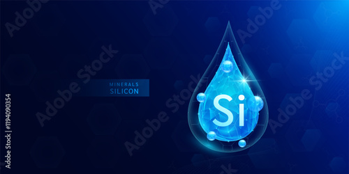 Water drop silicon minerals with blue polygon atom around. Vitamins complex for health protect and build immunity healthy. Medical scientific concepts. Banner vector illustration.