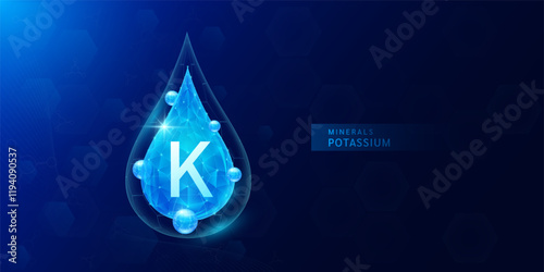Water drop potassium minerals with blue polygon atom around. Vitamins complex for health protect and build immunity healthy. Medical scientific concepts. Banner vector illustration.