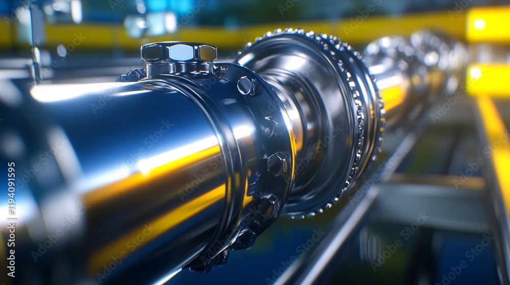 Fototapeta premium Gleaming chrome industrial shaft reflects vibrant light; close up detail. AI Generated