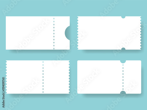 Set of blank ticket mockups, coupon template, boarding, lottery, movie or theater ticket
