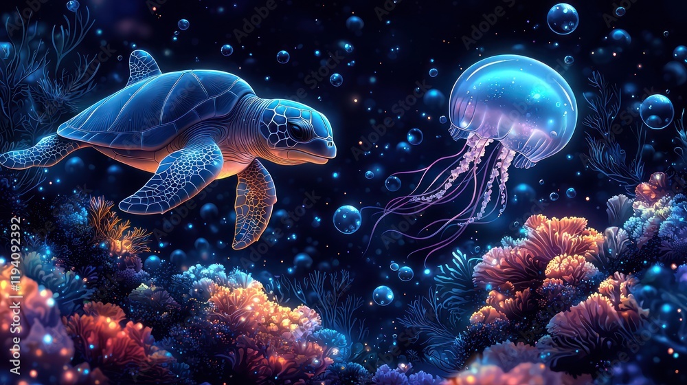 Underwater scene with turtle and glowing jellyfish. Underwater scene with turtle and glowing jellyfish.