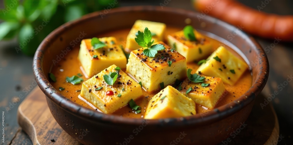 Creamy paneer in a rustic mud pot with fresh herbs and spices, paneer, herbs, ceramic pot Creamy paneer in a rustic mud pot with fresh herbs and spices, paneer, herbs, ceramic pot