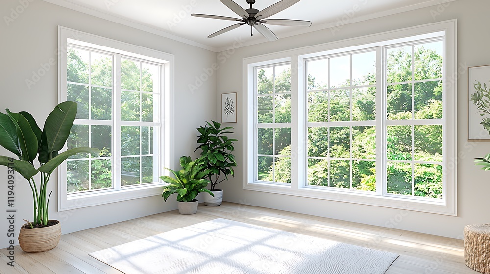 Fototapeta premium Modern minimalist living room with large windows and lush greenery bright atmosphere