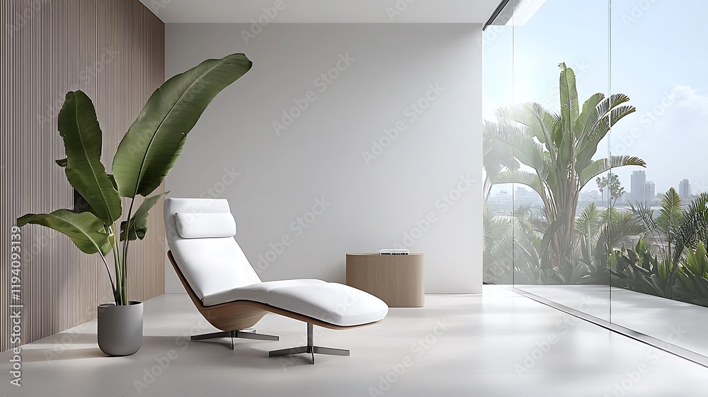 Fototapeta premium Chic living room design featuring indoor plants and a bright urban cityscape atmosphere