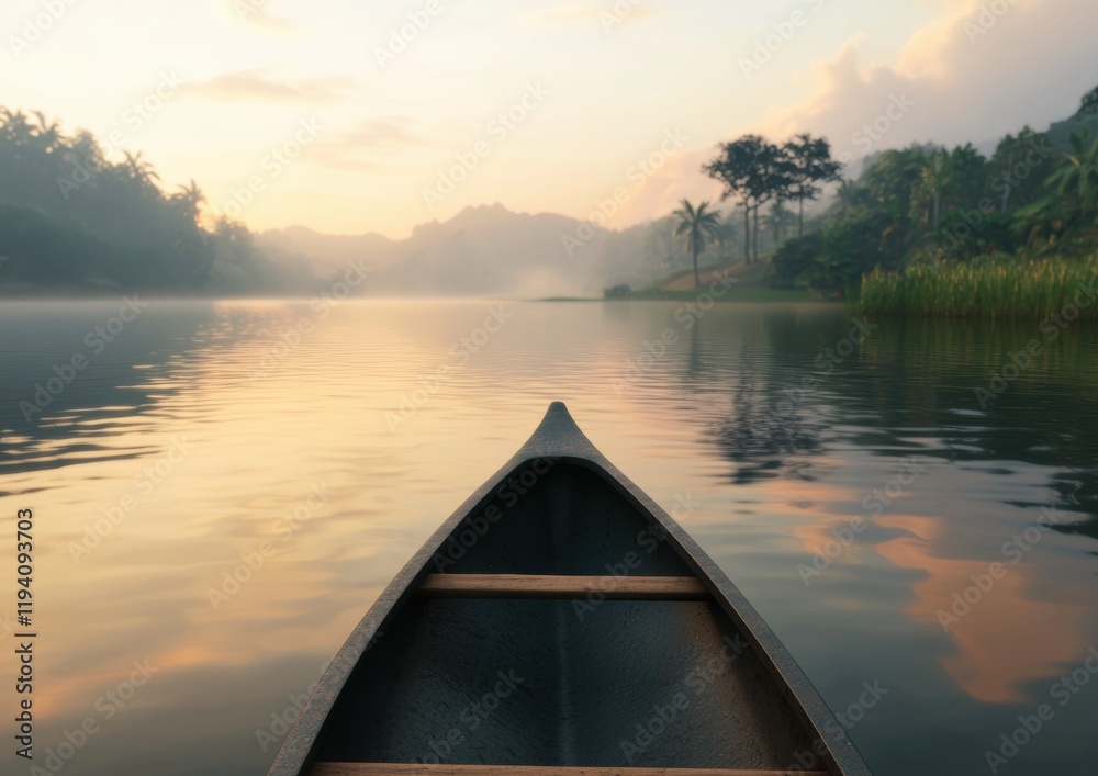 Serene Canoe on Calm Lake at Sunrise Surrounded by Lush Nature Serene Canoe on Calm Lake at Sunrise Surrounded by Lush Nature