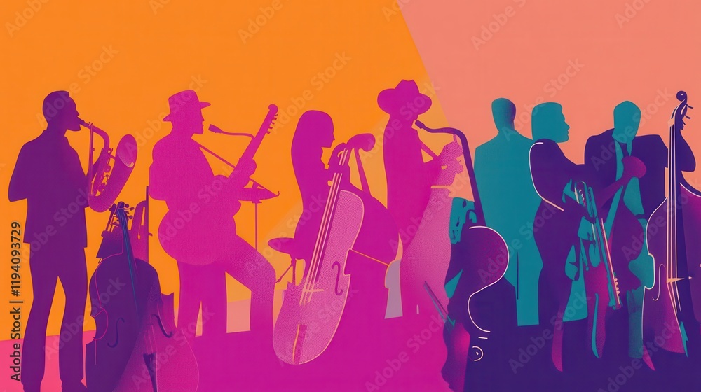 Colorful Silhouette of Diverse Musicians Playing Instruments on a Vibrant Background with Abstract Shapes and Vivid Colors for Creative Arts or Music Themes Colorful Silhouette of Diverse Musicians Playing Instruments on a Vibrant Background with Abstract Shapes and Vivid Colors for Creative Arts or Music Themes