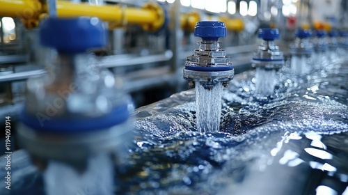 Detailed View of Industrial Water Treatment System with Flowing Water Through Valves and Pipes in a Large Facility Highlighting Cleanliness and Efficiency