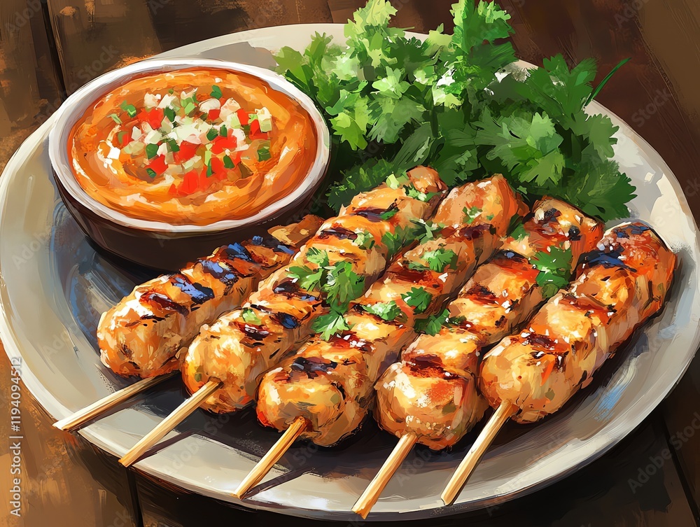 A mouthwatering plate of satay garnished with a side A mouthwatering plate of satay garnished with a side