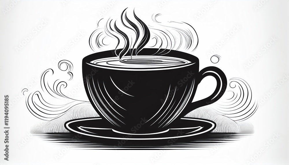 Obraz premium A steaming black coffee cup on a saucer, emitting wisps of steam, symbolizes warmth and comfort.