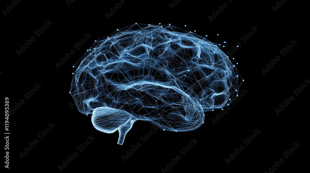 An abstract low-poly brain illustration representing artificial intelligence, symbolizing wisdom, with a wireframe design in shades of blue, composed of intricate lines An abstract low-poly brain illustration representing artificial intelligence, symbolizing wisdom, with a wireframe design in shades of blue, composed of intricate lines