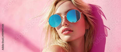 A portrait of an attractive blonde woman wearing round sunglasses with blue-tinted lenses, generative AI photo