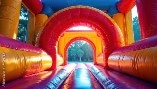 Brightly lit bounce house entrance with arches and gates, entrance, gates, arches